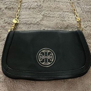 Tory Burch Black and Gold Chain Logo crossbody.